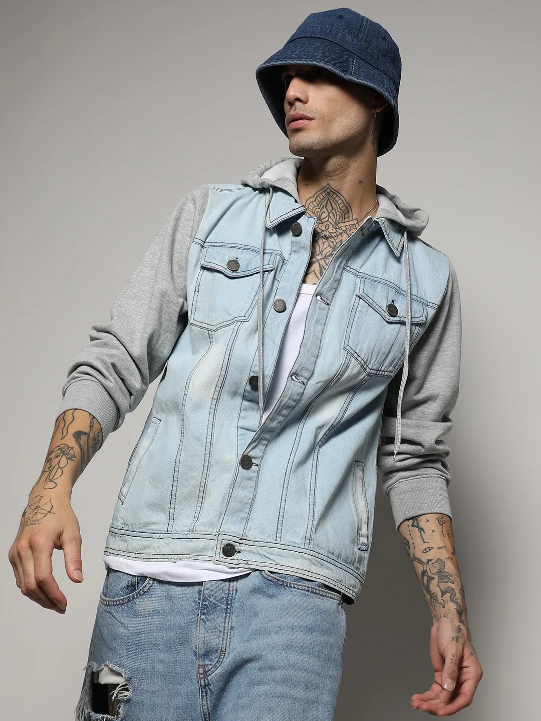 Front Page -Ralph Lauren Clothing Store Blue and Grey Light Wash Denim Jacket With Sweatshirt Sleeve 1